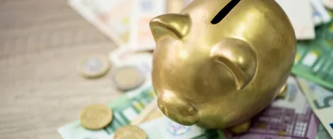 Piggy bank sitting on Euro notes