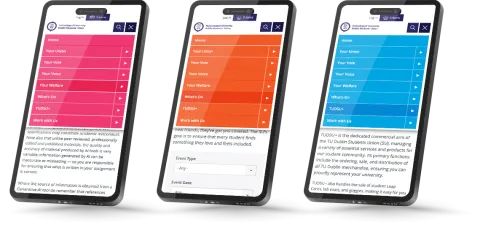 Responsive Website Design (Mobile) - Navigation design for TU Dublin Students’ Union.