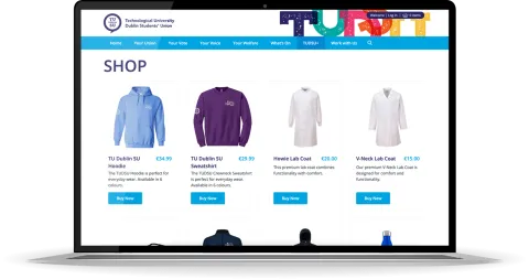 Responsive Website Design (Laptop) - eCommerce Shop Page Design for TU Dublin Students’ Union.