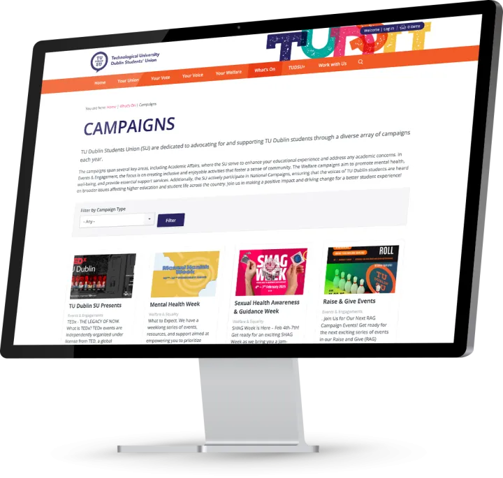 Responsive Website Design (Desktop) - Campaigns page for TU Dublin Students’ Union.