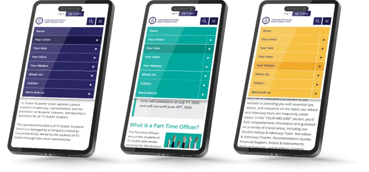 Responsive Website Design (Mobile) - Navigation design for TU Dublin Students’ Union.