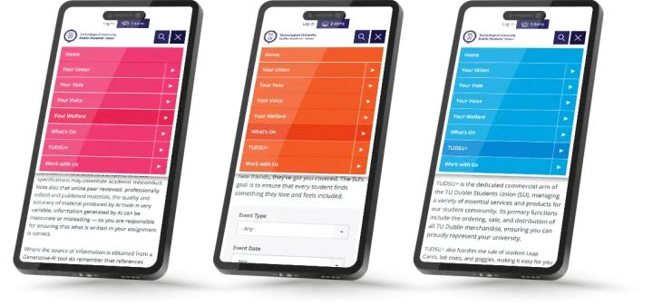 Responsive Website Design (Mobile) - Navigation design for TU Dublin Students’ Union.